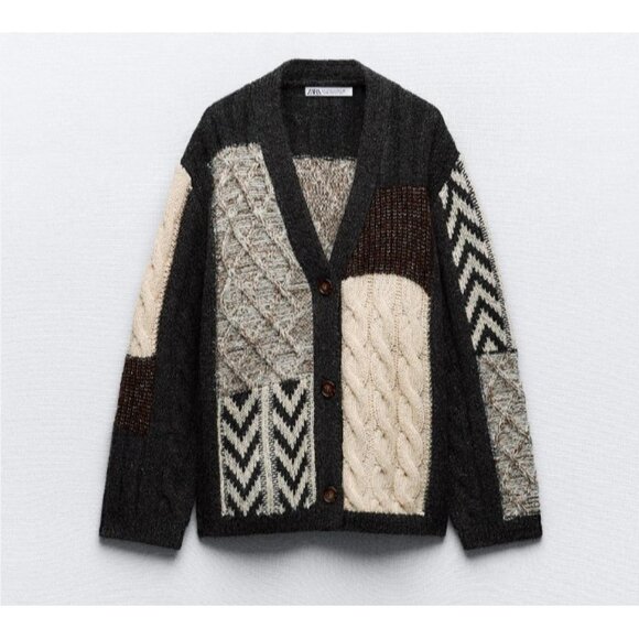 Zara Patchwork Cardigan Sweater Womens Size S Brown Ivory Oversized Chunky - Picture 1 of 14